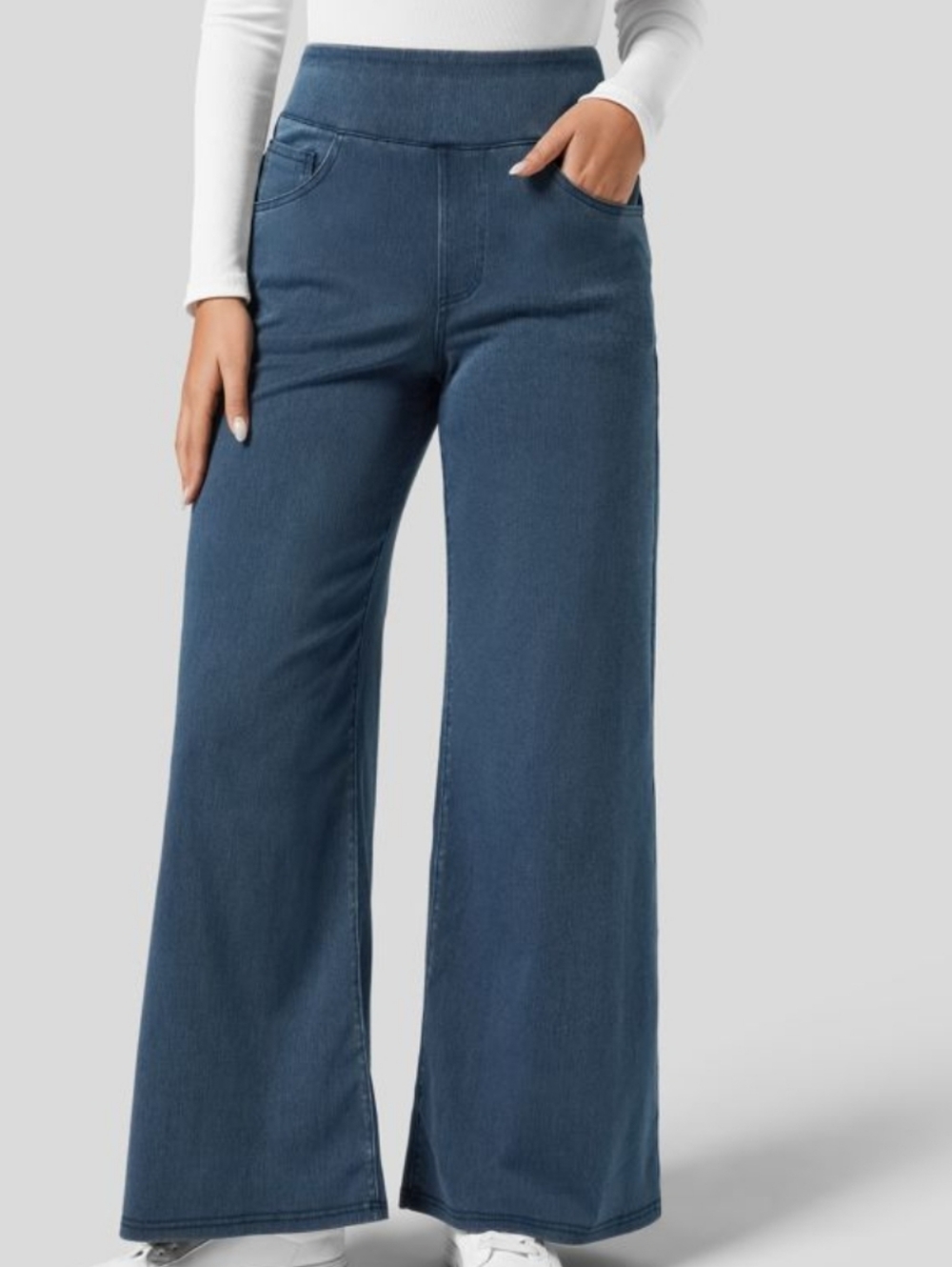 Halara Wide Leg Flex Pull On "Denim"Pants Legging Dark Wash Blue Petite